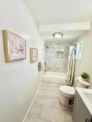 a bathroom with a toilet and a tub and a sink at Historic Barn View Modern Country Newton House in Newton