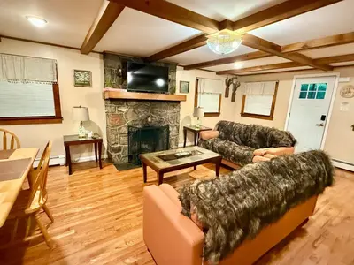 a living room with two couches and a fireplace at Country Comfort Cabin Delaware River Islands in Montague