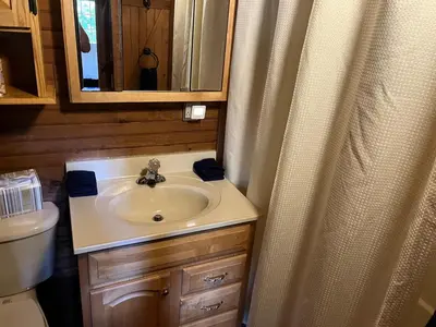 a bathroom with a sink and a mirror at Starboat Log Home in Jersey Shore
