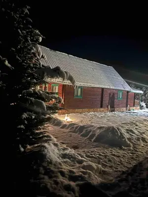a house in the snow next to a tree at Starboat Log Home in Jersey Shore