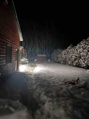 a house with snow on the ground at night at Starboat Log Home in Jersey Shore
