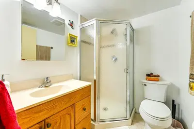 a bathroom with a shower and a toilet and a sink at Hike and Fish Delaware River Cabin with Views in East Branch