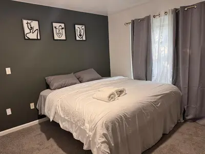 a dog laying on a bed in a bedroom at Large 2Kings 2 bedroom 2 bath by EWR NYC Downtown Newark in Newark