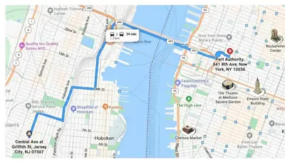 a map showing the route of a bus at Renovated private urban flat - 20 min to Manhattan NYC in Jersey City