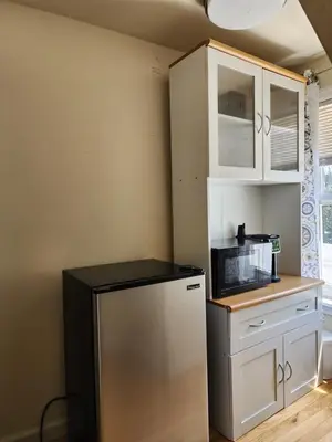 a kitchen with a refrigerator and a counter with a microwave at Luxury Vibes ,Cozy Location in East Orange