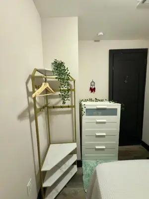 a bedroom with a dresser and a shelf with a plant at Oasis de comodidad Habitación individual o compartida in Jersey City