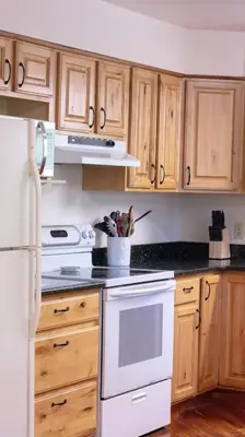 a kitchen with white appliances and wooden cabinets at Cammalot - Pine Creek Valley