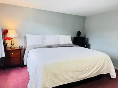 a bedroom with a large white bed and a night stand at Pocono Ridge Inn East Stroudsburg - Poconos in East Stroudsburg