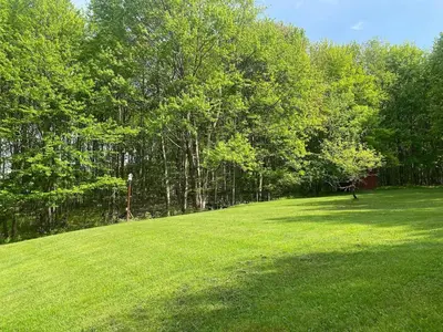 a large grass field with trees and a fence at Fire Pit, BBQ & Sprawling Lawn Elk Point Cabin in Livingston Manor