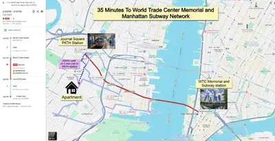 a map showing the route of a subway network at Newly Renovated 2B 2BA apt! mins to PATH & NY! in Jersey City
