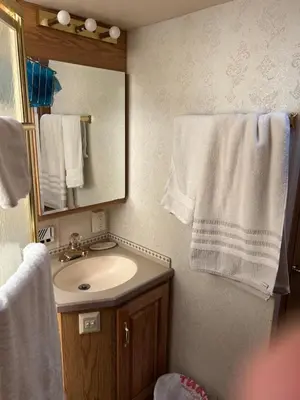 a bathroom with a sink and a mirror and towels at Art Rv motorhome in Quakertown