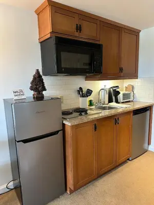 a kitchen with a stainless steel refrigerator and a microwave at Cozy Studio Resort Stay Mountain Creek Pool Hiking in Vernon Township