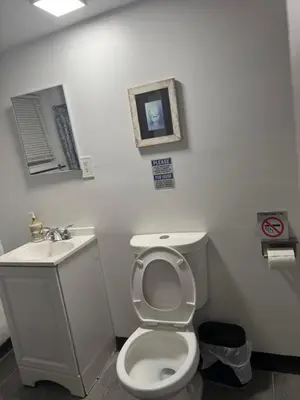 a white bathroom with a toilet and a sink at Private Basement near NYC and NJ attractions in East Orange