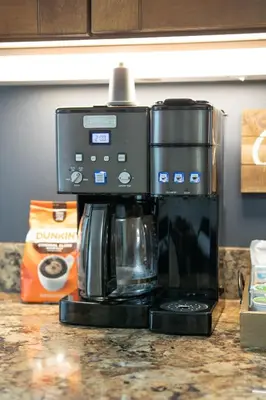 a coffee maker sitting on top of a counter at Walnut Street Retreat with Hot Tub, 3 Bedrooms in Ephrata