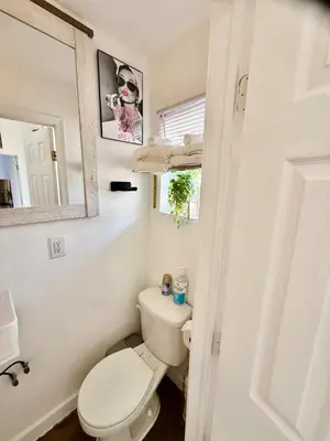 a white bathroom with a toilet and a mirror at RiverEdge Apt Gateway20Mints FromTime SquareNYC in West New York
