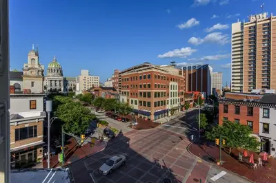 an aerial view of a city street with buildings at Capitol View Retreat - 3F Fast Wi-Fi Cozy in Harrisburg