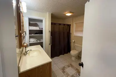 a bathroom with a sink and a toilet at Cozy Winter Chalet on 5 Acres - Fire Pit & Views in Livingston Manor