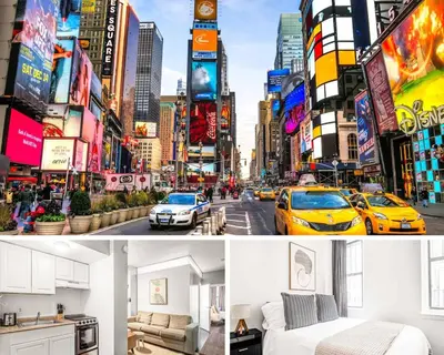 a collage of two pictures of a city with taxis at 2 Bedroom Apartment in Midtown Manhattan - Near NYC Icons! in New York
