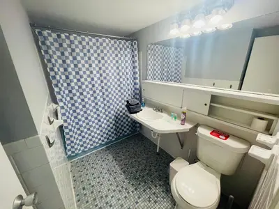 a bathroom with a toilet and a sink and a mirror at Pet-Friendly 1BR Condo Free Parking, Discount! in Elkins Park