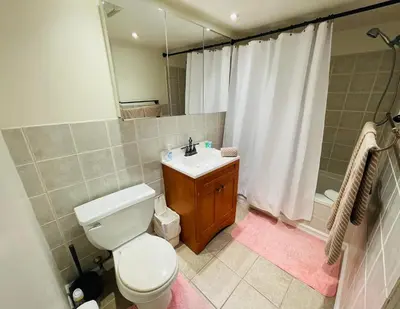 a bathroom with a toilet and a sink and a shower at Pet-Friendly 1BR Condo Free Parking, Discount! in Elkins Park