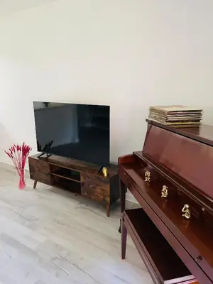 a living room with a flat screen tv and a piano at Wheelchair accessible & ground floor 2BR, 2BA in Elkins Park