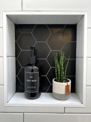 a bathroom shelf with a bottle of soap and a cactus at Luxury duplex - 10 min to NYC/Times Square in Hoboken