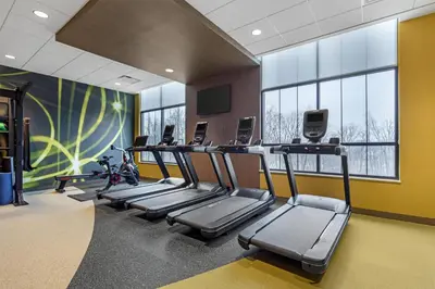 a gym with treadmills and a row of treadleys at Hilton Garden Inn Media in Media