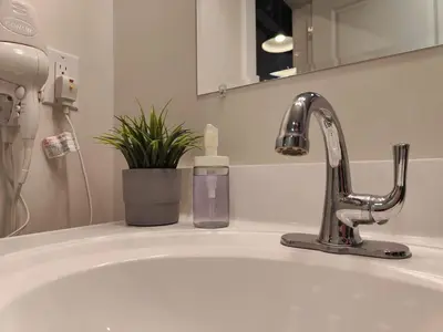a sink with a bottle of soap next to a faucet at Cozy Philly Studio with Free Parking for Long Term Stays in Philadelphia