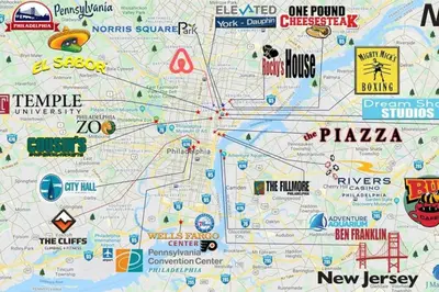 a map of the usa with many attractions at Charming 1BR in Philly with Courtyard View in Philadelphia