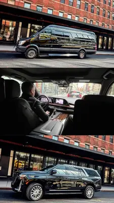 two pictures of a limousine driving on a city street at New York shuttles in Brooklyn