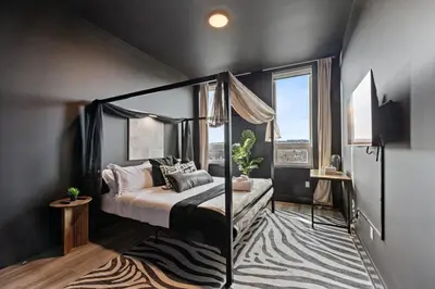 a bedroom with a canopy bed and a rug at Luxe 1br- Free Parking-King Bed in East Orange