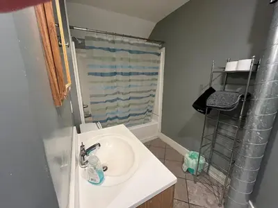 a bathroom with a sink and a shower at Relaxing, Spacious Private Room near Binghamton in Johnson City