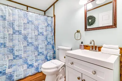 a bathroom with a white toilet and a blue shower curtain at Long Pond Log Cabin with Hot Tub Soaks and Outdoor Fun in Long Pond