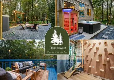 a collage of pictures of a home with a climbing wall at Pocono Lake Getaway Sauna Hot Tub Playground in Wagners Forest Park