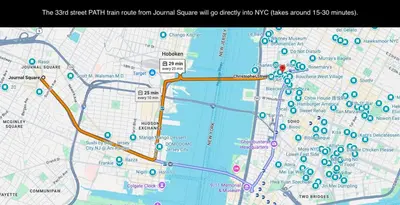 a map of a street filled with lots of circles at 20 min NYC-Modern Private Room-Queen Bed-Parking Available But Confirm with Hosts in Jersey City