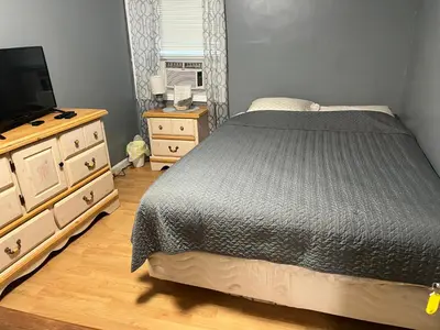 a bedroom with a bed and a dresser and a television at Comfy PR near UHS Wilson and BU in Johnson City