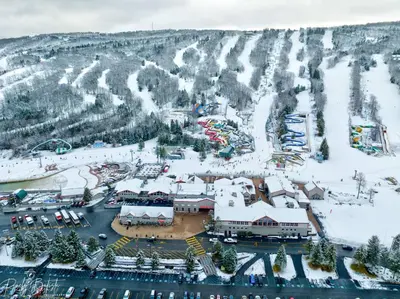 an aerial view of a ski resort in the snow at 108 Escape: Ski-In, Chill-Out |Waterparks & Hiking in Tannersville