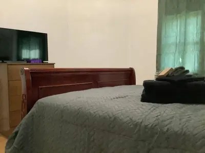 a bedroom with a bed and a flat screen tv at Spacious, Unique PR near Binghamton University in Johnson City