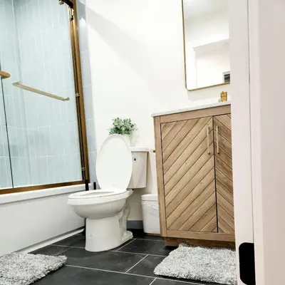 a bathroom with a toilet and a shower at Luxury 3BR Retreat Near NYC in Newark