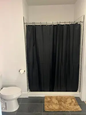 a bathroom with a black shower curtain and a toilet at Luxury Queen Studio- Minutes To NYC, EWR & MetLife in Elizabeth
