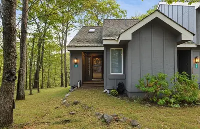 a small house in the middle of a forest at Cozy 2BR Townhouse with Mountain Views & BBQ in Lake Harmony