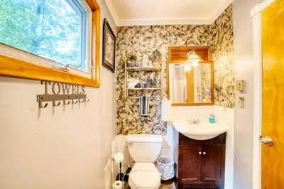 a bathroom with a toilet and a sink at 1mi to Lake Wallenpaupack | Firepit | Pet Friendly in Greentown
