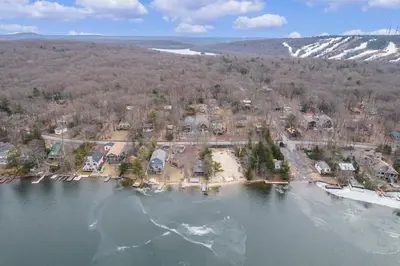 an aerial view of an island in the water at New Lakeview Gateway Lake Access, Hot tub, EV in Lake Harmony