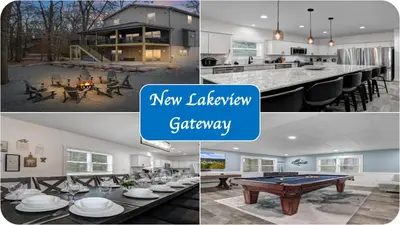 a collage of photos of a house with a pool table at New Lakeview Gateway Lake Access, Hot tub, EV in Lake Harmony