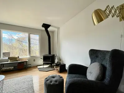 a living room with a couch and a television at Fireplace Catskill Views Overlook Lake Cabin in Parksville
