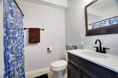 a bathroom with a sink and a toilet and a mirror at Mountain Chalet Ski, Hike, & Explore in Tannersville