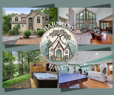 a collage of pictures of a house at Harmony Haven Large Deck Hot Tub Ski in Split Rock