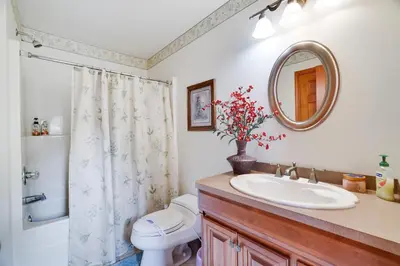 a bathroom with a sink and a toilet and a mirror at Harmony Haven Large Deck Hot Tub Ski in Split Rock