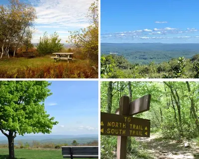 a collage of four pictures with a sign and a bench at Spruce Ridge Lodge Ski, Hike & Relax in Tannersville