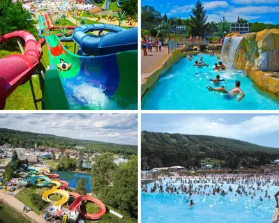 a collage of four pictures of a water park at Spruce Ridge Lodge Ski, Hike & Relax in Tannersville